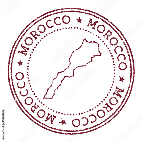 Morocco round rubber stamp with country map. Vintage red passport stamp with circular text and stars, vector illustration.