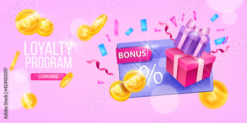 Customer loyalty program, vector gift card, web page banner, present box, gold coins, button. Consumer reward, client discount concept, online shopping sale bonus background. Loyalty program design