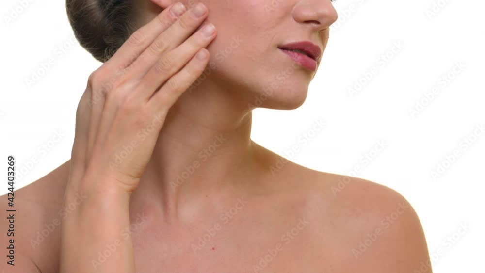 Light skin woman doing skincare concept. Close up of topless woman Light skin woman doing skincare concept. Close up of topless woman