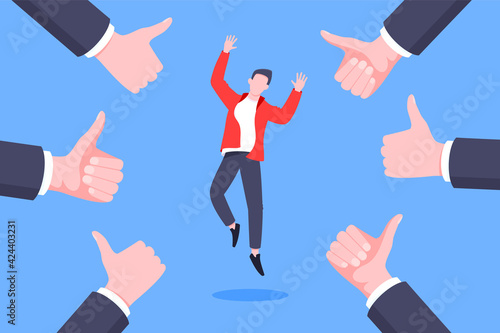 Employee recognition or proud worker of the month business concept flat style design vector illustration. Young adult man jumps in the air and many thumbs up around him.
