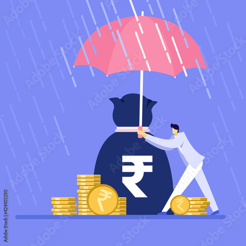 Conceptual illustration of a financial expert holding umbrella to protect the money bag containing rupee from rain