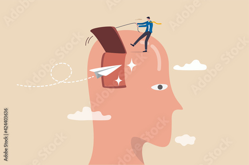 Open mind to receive new message or inspiration, free your brain to think about new idea or free your ego concept, businessman open window on human head to let origami paper airplane flying inside.