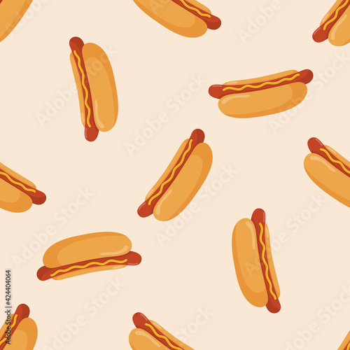 Seamless pattern with hot dogs. Fast food, street takeaway junk food. Vector illustration
