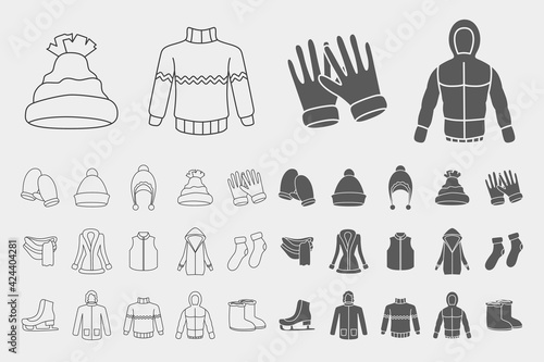 Winter clothing Icons set - Vector outline symbols and silhouettes of scarf, cap, jacket, sweater, coat, mitten, and other clothes for the site or interface