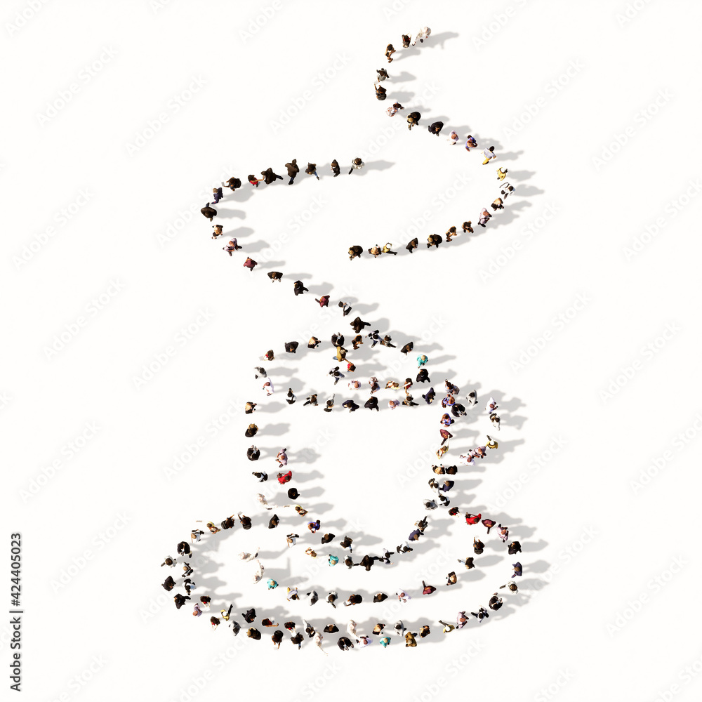 Concept conceptual large community of people forming the image of a hot cup of coffee, cappuccino or espresso on white background. A 3d illustration metaphor for morning, restaurant, break or energy Concept conceptual large community of people forming the image of a hot cup of coffee, cappuccino or espresso on white background. A 3d illustration metaphor for morning, restaurant, break or energy