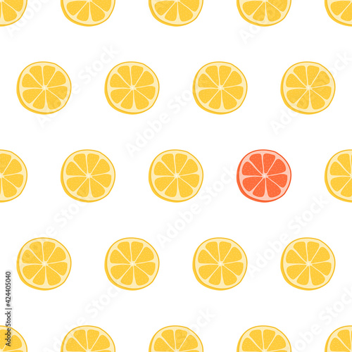 Hand drawn seamless pattern with lemon slice. Fabric print texture with eye catching element - orange.