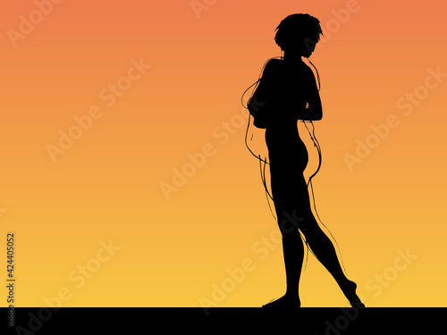 Vector conceptual fat overweight obese female vs slim fit healthy body after weight loss or diet with muscles thin young woman over sunset. Fitness, nutrition or fatness obesity, health shape