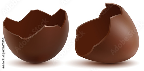 Brown broken chocolate egg cracked shell two halves