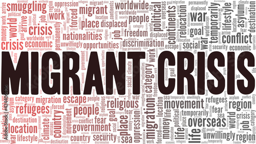 Migrant crisis vector illustration word cloud isolated on a white background.