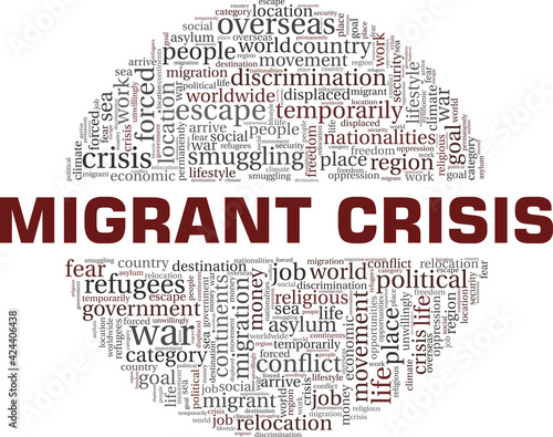 Migrant crisis vector illustration word cloud isolated on a white background.