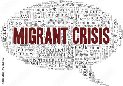 Migrant crisis vector illustration word cloud isolated on a white background.