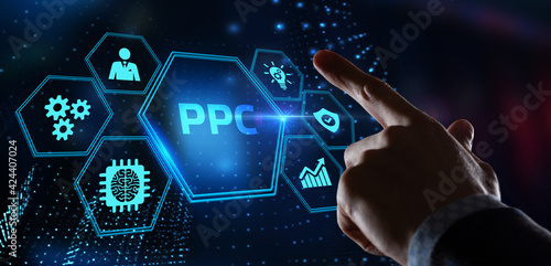 Pay per click payment technology digital marketing internet concept of virtual screen. PPC photo