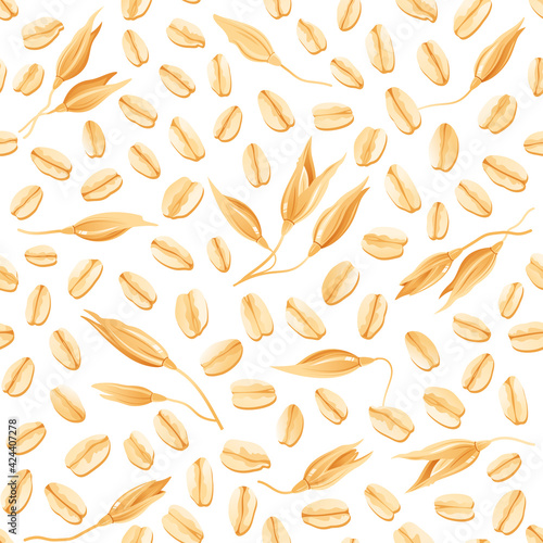 Oat pattern. Vector oatmeal illustration. Cereal grain seamless background. Isolated muesli drawing. Spelt wheat plant pattern. Porridge, flakes or granola with milk design. Natural oat meal wallpaper