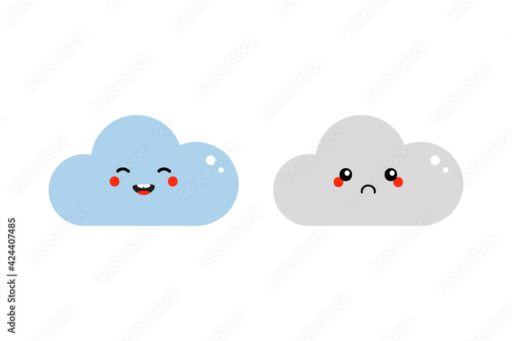 Cartoon style cloud characters, blue smiling and grey sad for weather, seasonal design.
Cartoon style cloud characters, blue smiling and grey sad for weather, seasonal design.