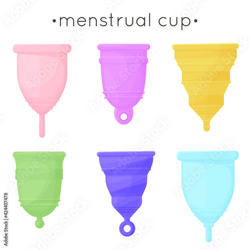 Set of different silicone menstrual cups. Illustration for feminine hygiene, medicine, menstruation. Menstruation theme. Colored flat simple vector design.