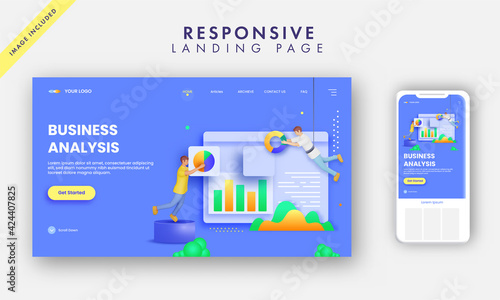 Business Analysis Landing Page Design With Analysts Maintaining Website On Blue Background.