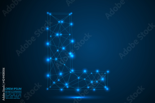 Abstract letters font is made up of triangles  lines  dots and connections. On a dark blue background  stars of the cosmic universe  meteorites  galaxies. Vector illustration eps 10.