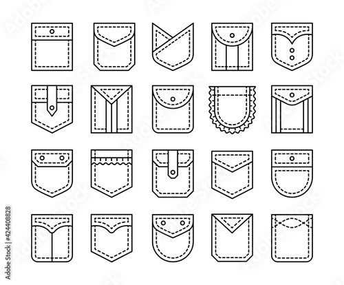 Flat pockets with flap and button closure. Different shapes of shirt and jean patch pockets. Casual garment. Line icon set. Vector illustration. Isolated objects