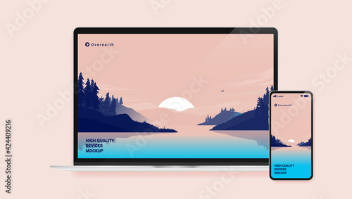 Devices mockup with laptop and smartphone - Computer and phone with placeholder wallpaper of nature and fictional text and brand. Vector illustration.