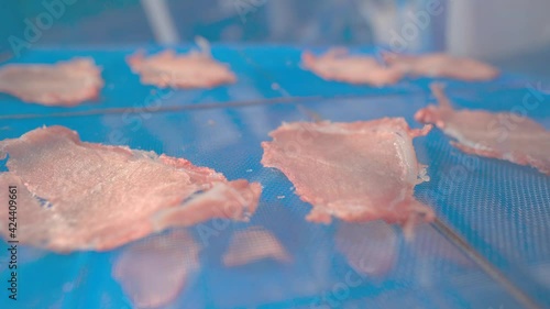 Sun dried pork on blue net