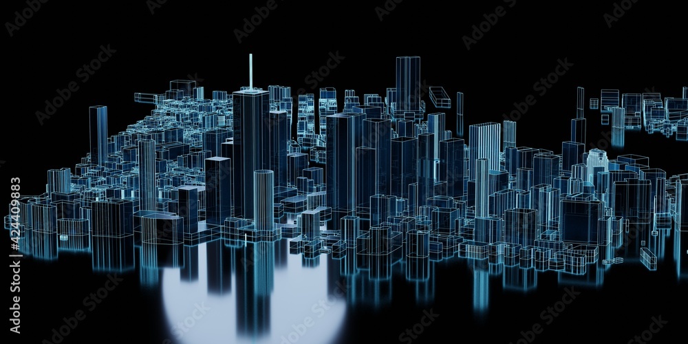 Abstract city 3d rendering background. Modern cityscape in neon lights. retrowave and cyberpunk style
