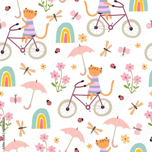 Canvas Print spring seamless pattern with cartoon cats on bicycles, flowers, rainbows, umbrella, décor elements