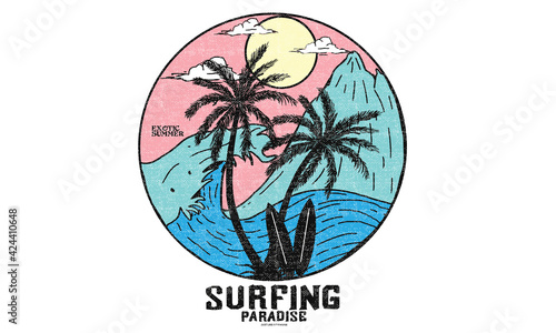 Surfing paradise japanese art print t-shirt design. 