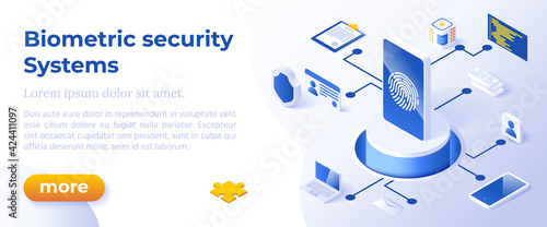 BIOMETRIC SECURITY SYSTEMS - Isometric Design in Trendy Colors Isometrical Icons on Blue Background. Banner Layout Template for Website Development