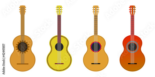 Guitar set. Acoustic guitar flat vector illustration. Mexican guitars isolated on white background. Mariachi string musical instrument. Cinco de Mayo design element.