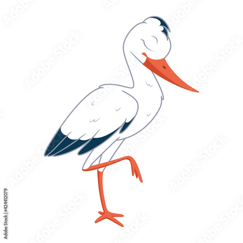 Stork sleeping on one leg. Cartoon vector illustration