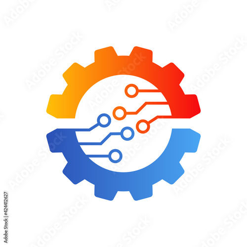 Tecnología electrónica. Engranaje con circuito digital en color naranja y azul