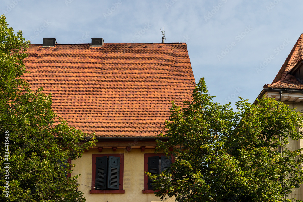 Facades of residential buildings in the old town of Schopfheim in the Black Forest