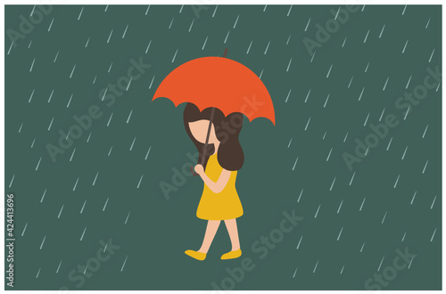 Cute girl holding umbrella in the raining season vector illustration