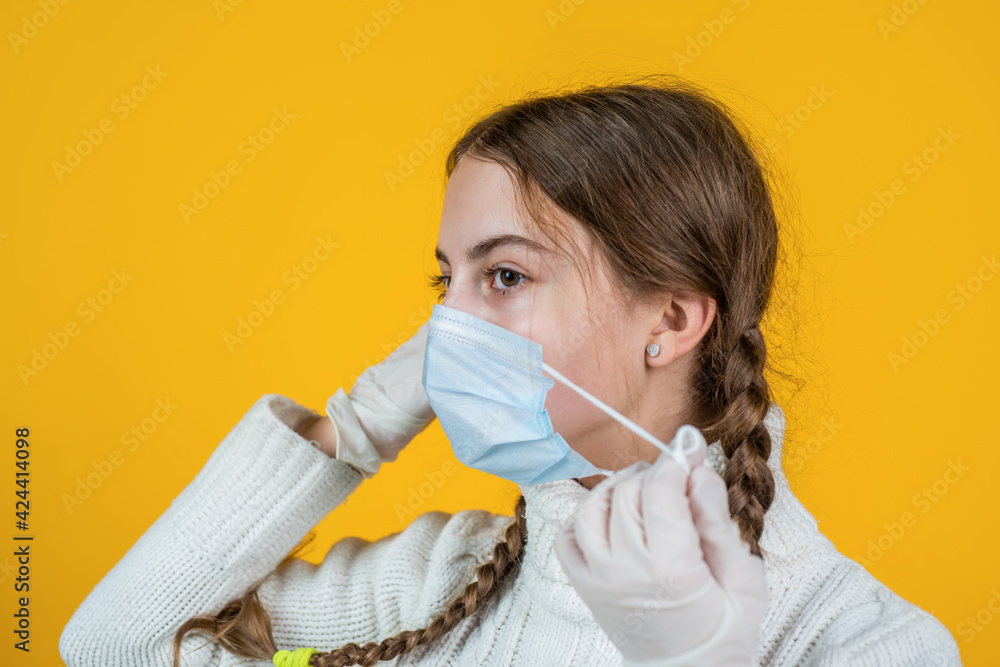 teen girl wear respirator mask while coronavirus pandemic quarantine, health teen girl wear respirator mask while coronavirus pandemic quarantine, health