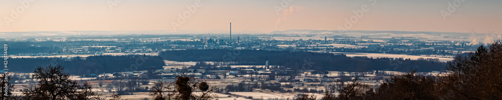 High resolution stitched panorama of a beautiful winter landscape far view at the Geiersberg near Deggendorf, Bavaria, Germany