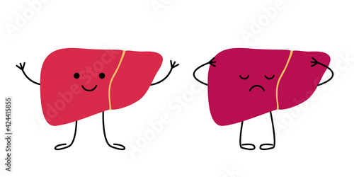 Liver happy healthy and sad suffering sick characters. Check health of liver. Unhealthy sad liver, pain, disease, fatty, hepatitis, cirrhosis cancer concept. Vector flat illustration