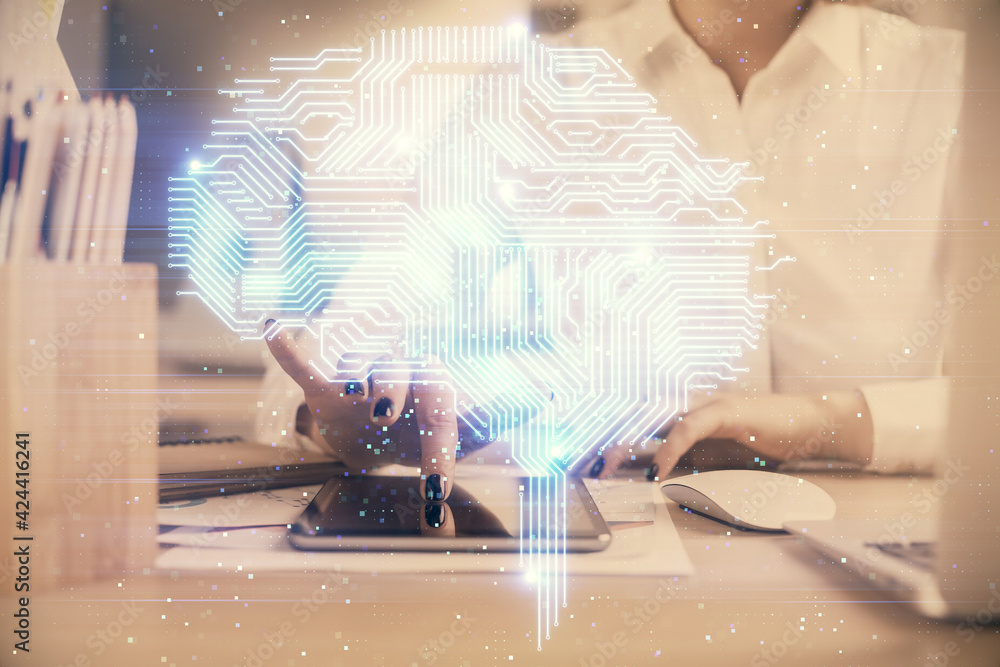 Double exposure of brain sketch hologram and woman holding and using a mobile device. Double exposure of brain sketch hologram and woman holding and using a mobile device.