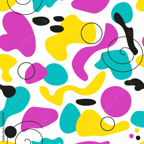 Pattern, seamless background. Bright abstract pattern, fluid dynamic shapes and geometric shapes. Packaging, paper, textile, wallpaper, design, web.