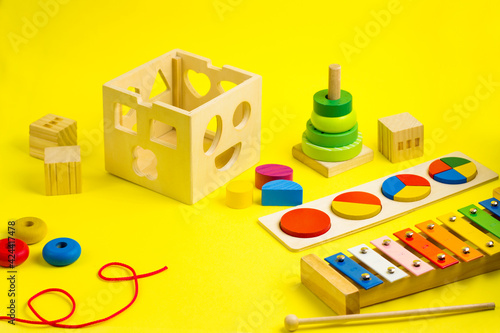 Ecologic Wooden colorful stacking toy, blocks, puzzle, xylophone and lacing. Games for kids