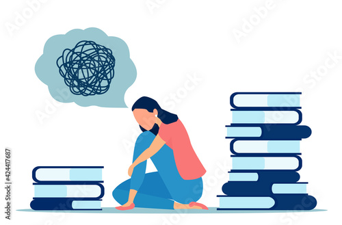 Vector of a depressed and confused woman looking for and an answer in books