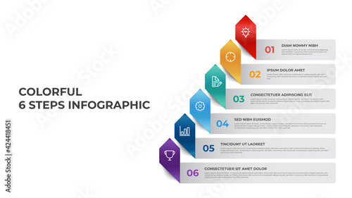 Business infographic element template vector with 6 points of steps, row list diagram layout with arrows, data visualization chart.
