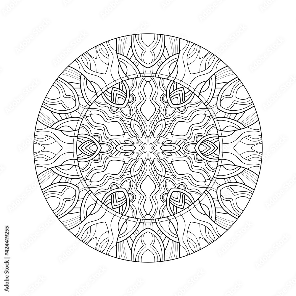 Decorative round mandala with floral patterns on a white isolated background. For coloring book pages.