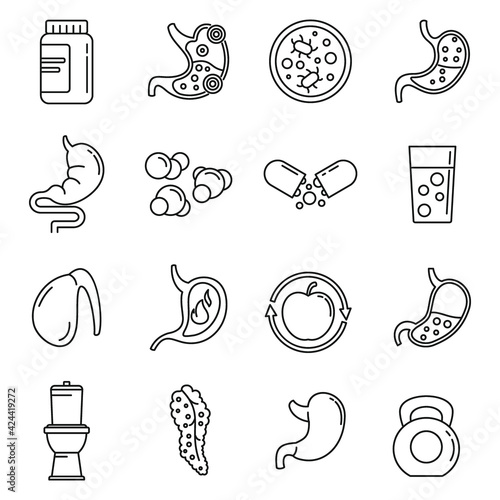 Digestion health icons set, outline style