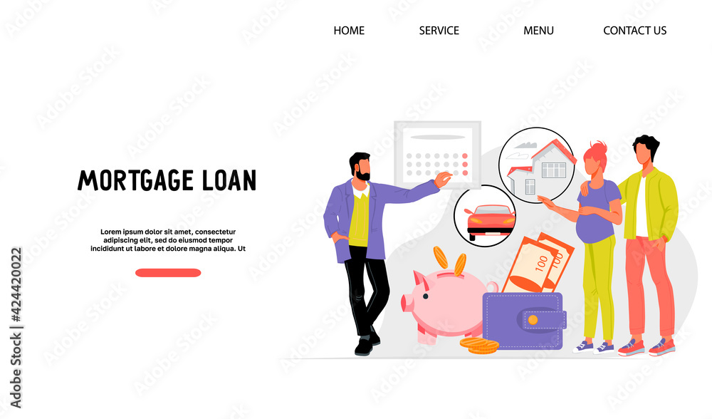 Mortgage loan website banner with bank manager explaining to young couple monthly payments plan. Investments in property and bank loan. Purchasing real estate and paying credit to bank, flat vector. Mortgage loan website banner with bank manager explaining to young couple monthly payments plan. Investments in property and bank loan. Purchasing real estate and paying credit to bank, flat vector.