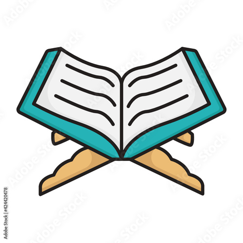 Quran with Wooden Rail Concept, Koran Religious Text Book Vector Color Icon Design, Arab culture and traditions Symbol, Islamic and Muslim fasting Sign, Ramadan and Eid al Fitr stock illustration