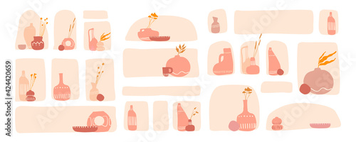 Boho element collection. Set of prints with minimalist aesthetic modern boho wall decor. Amphorae in arches in mystical, antique Greek style isolated on white in mid century style.