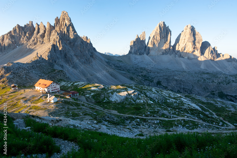 View to fantastic tre cime in the south tyrol dolomites in italy. Picture at daylight. - obrazy, fototapety, plakaty 