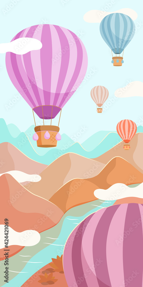 Multicolored balloons with baskets fly over the river and mountains. Vector flat illustration. Multicolored balloons with baskets fly over the river and mountains. Vector flat illustration.
