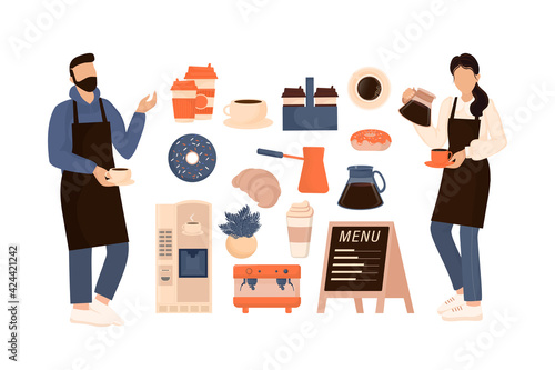 Flat character coffee shop barista. Vector illustration flat design. Vector infographic illustration. Cartoon male barista or waiter standing near menu board.