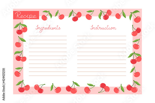 Baking recipe template with cherries, ingredients and instructions
